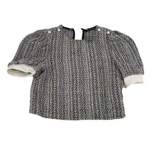 ZARA WOMEN’S SIZE SMALL TWEED BLOUSE TOP WITH FAUX PEARL *MISSING BUTTON*